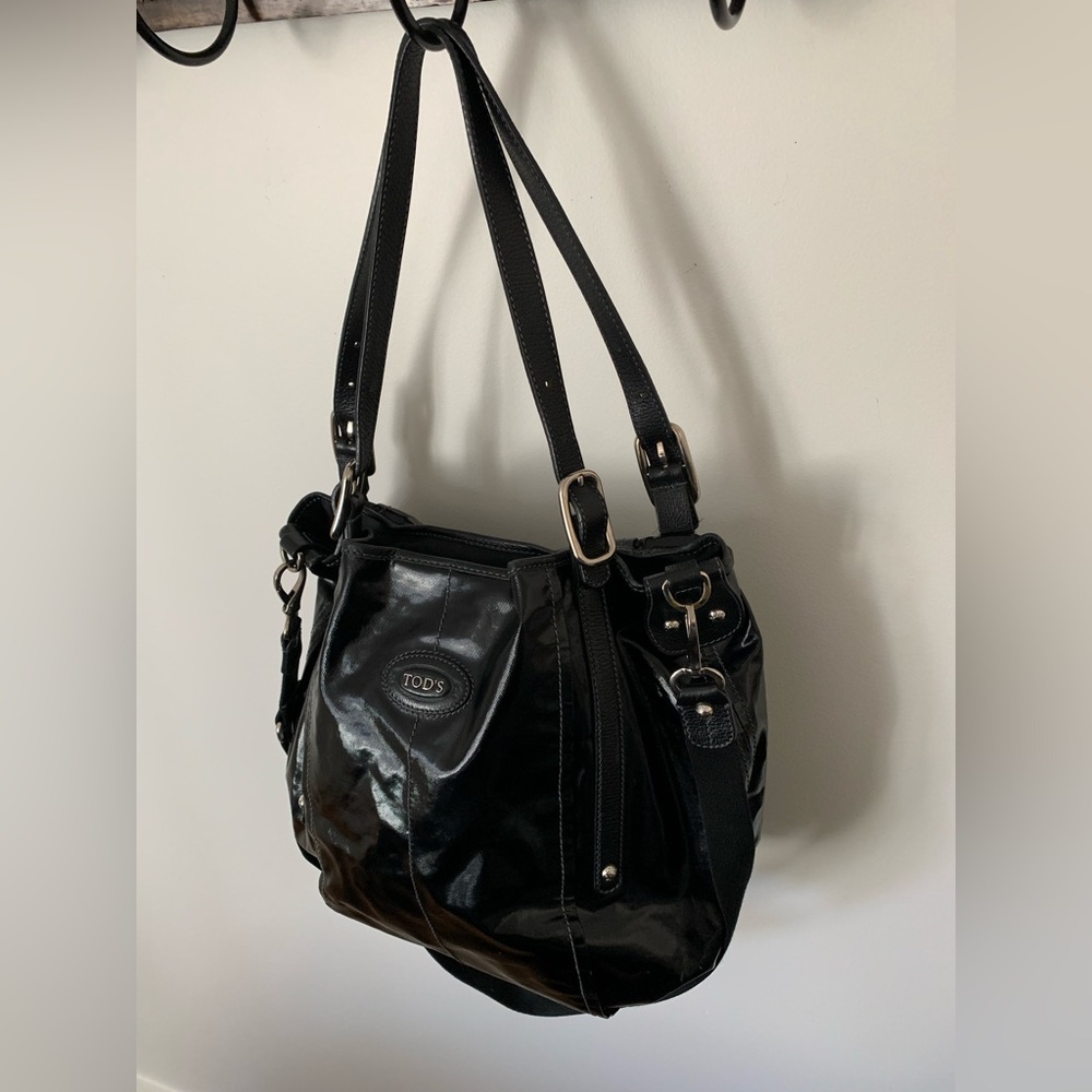 TOD’S G-Line Sacca Black Patent Leather Tote Crossbody Bag with Dust Bag - Picture 9 of 14